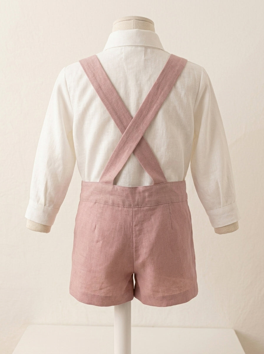 Conjunto camisa beig y short con tirantes rosa