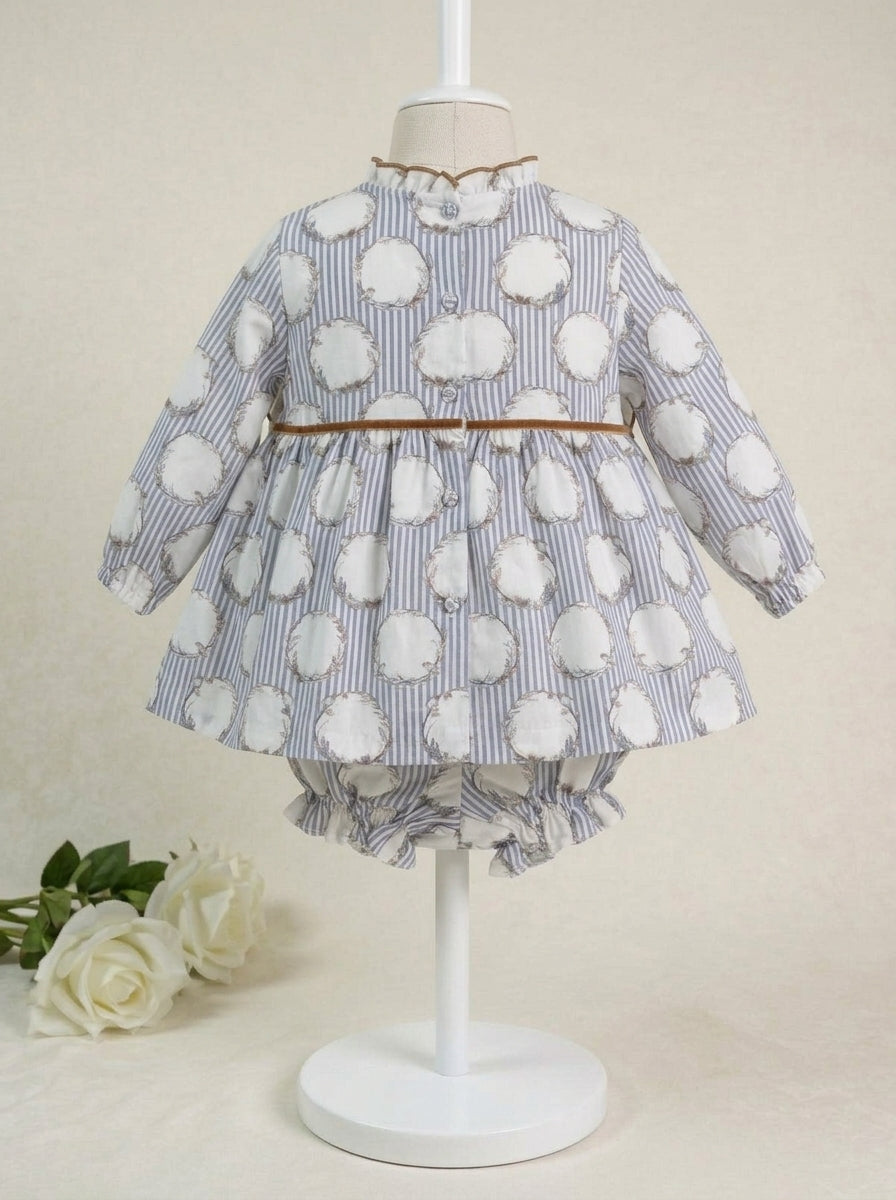 Vestido rayitas azules y pajaritos con pololo "Dolly"