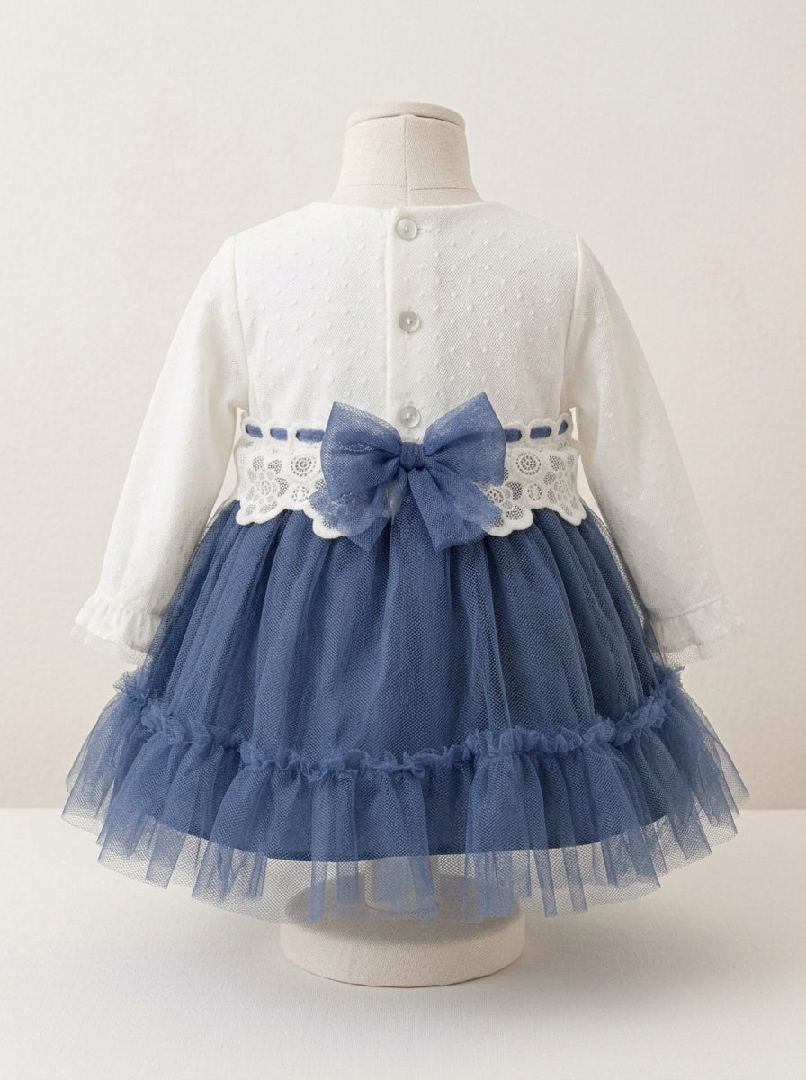Vestido bebe tul beig y azul marino con volante
