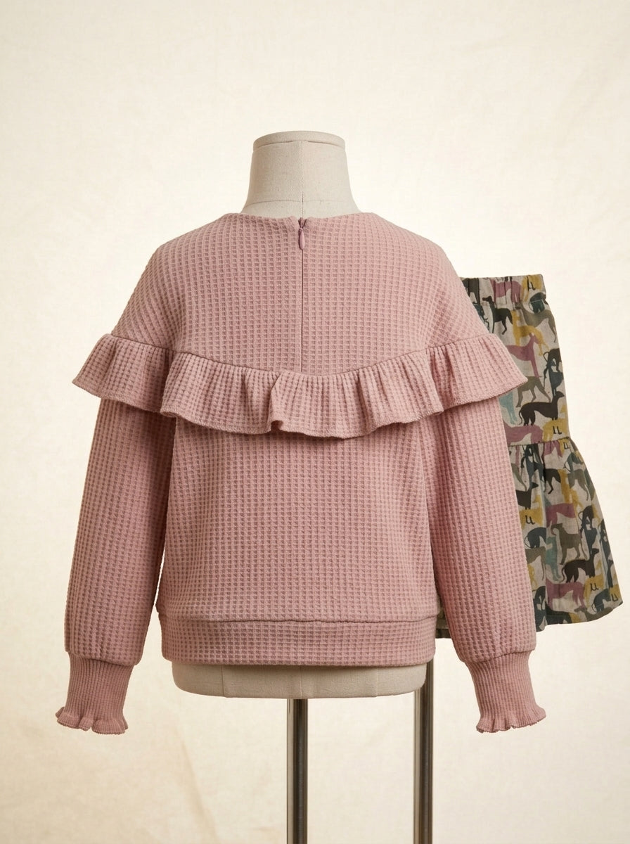 Sudadera rosa empolvado y falda perritos "Elsa"