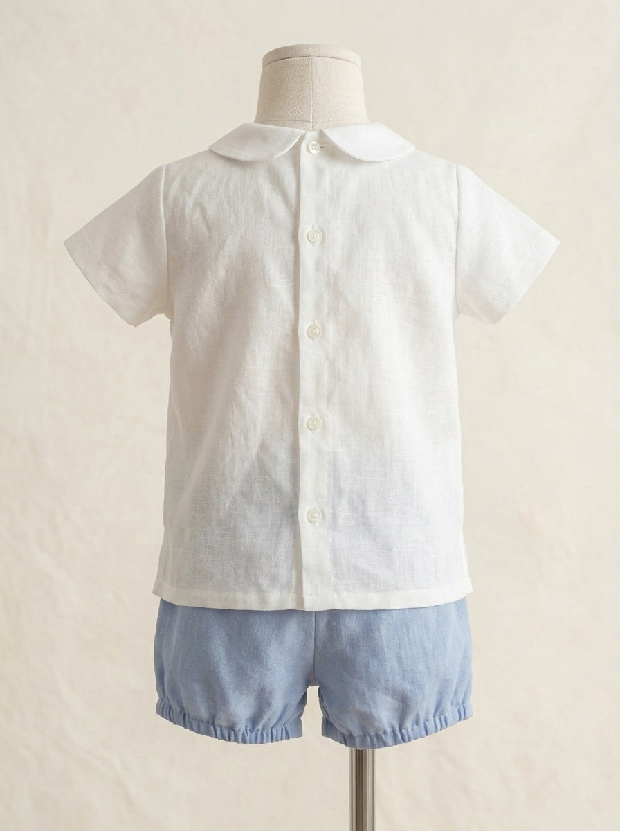 Conjunto camisa blanco roto y short azul empolvado