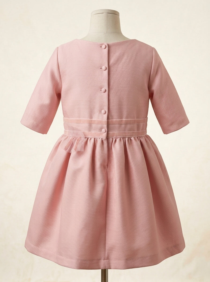 Vestido mikado cuadrille rosa manga francesa falda fruncida