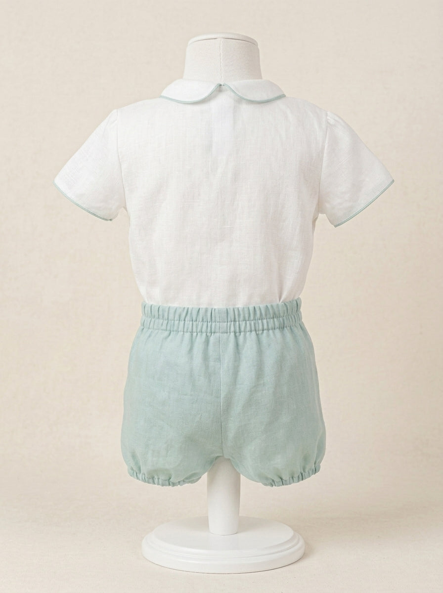 Conjunto camisa lino cuello bebe verde y bombacho