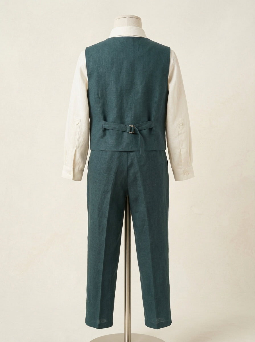 Conjunto camisa lino cuello mao y pantalon largo con fajin verde oliva y pajarita