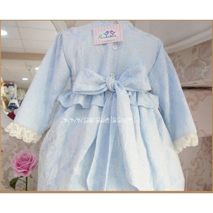 Vestido azul brocado con puntilla beig y gran lazada - PARDALETS