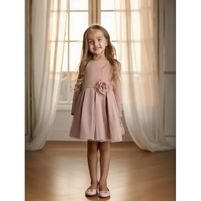 Vestido infantil neopreno y tul rosa empolvado con manga - PARDALETS