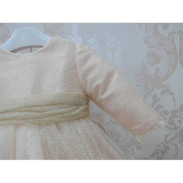 Vestido mikado salmón con flocado y fajin - PARDALETS