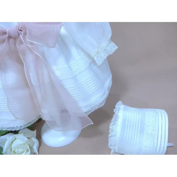 Vestido organza beig con fajin tul rosa - PARDALETS