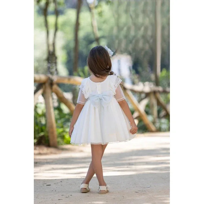 Vestido tul de plumeti blanco roto y lazo celeste - PARDALETS