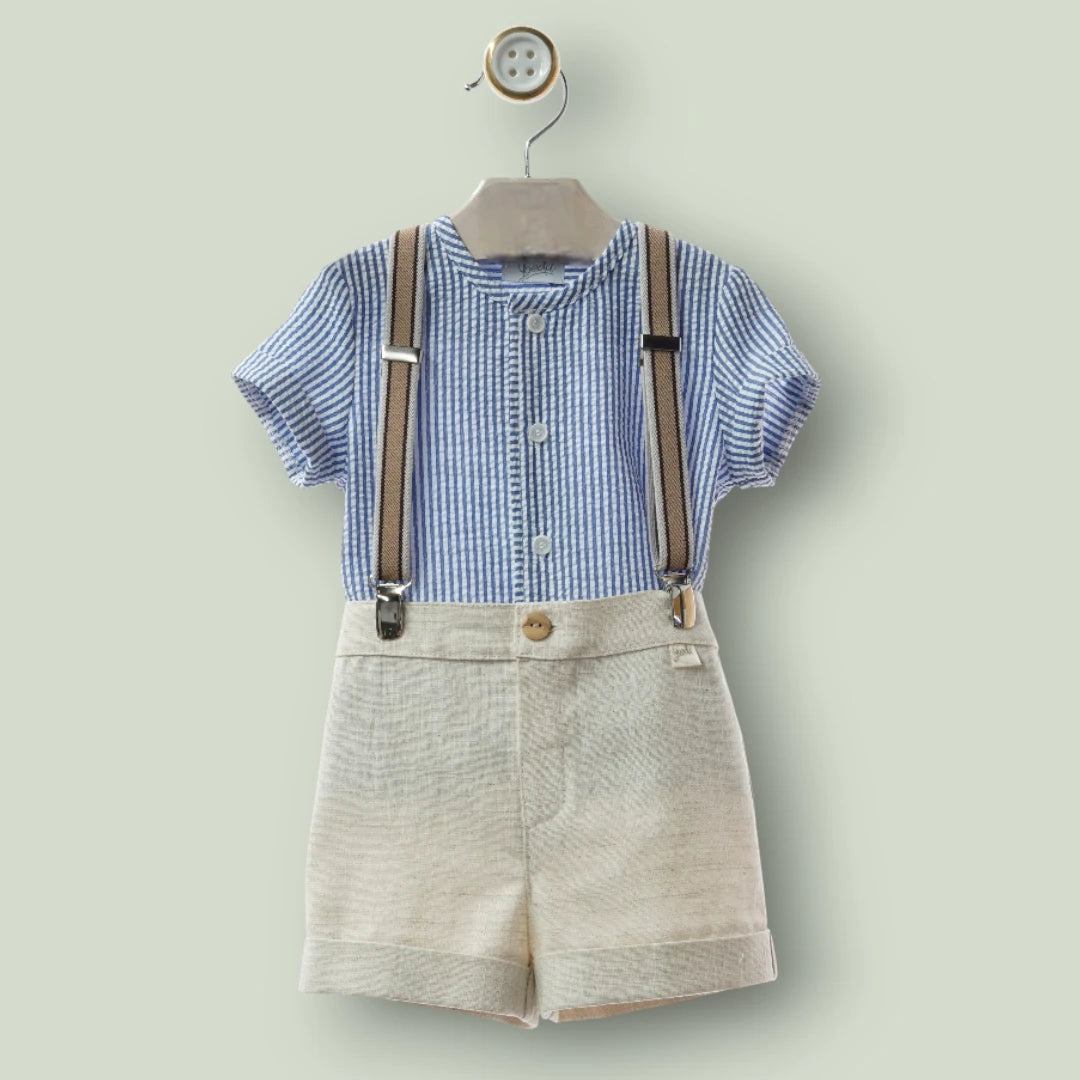 Conjunto camisa rayas marino y short con tirantes