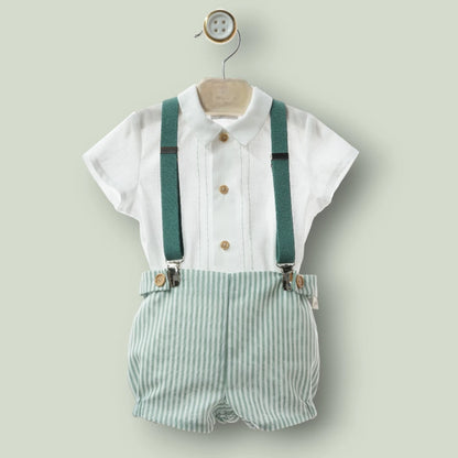 Conjunto camisa blanca y short rayas verdes con tirantes "Artesanía"