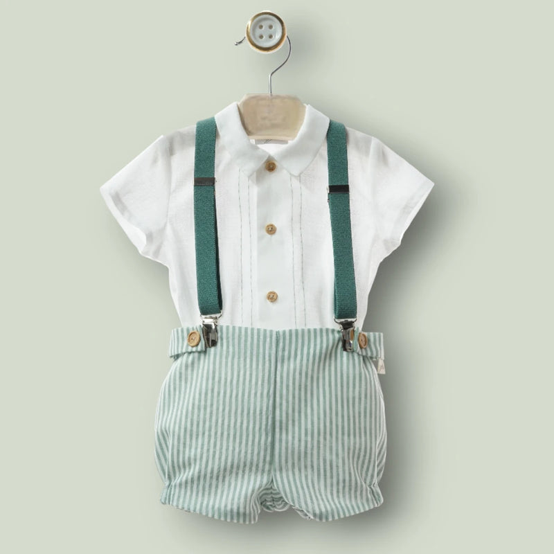 Conjunto camisa blanca y short rayas verdes con tirantes "Artesanía"