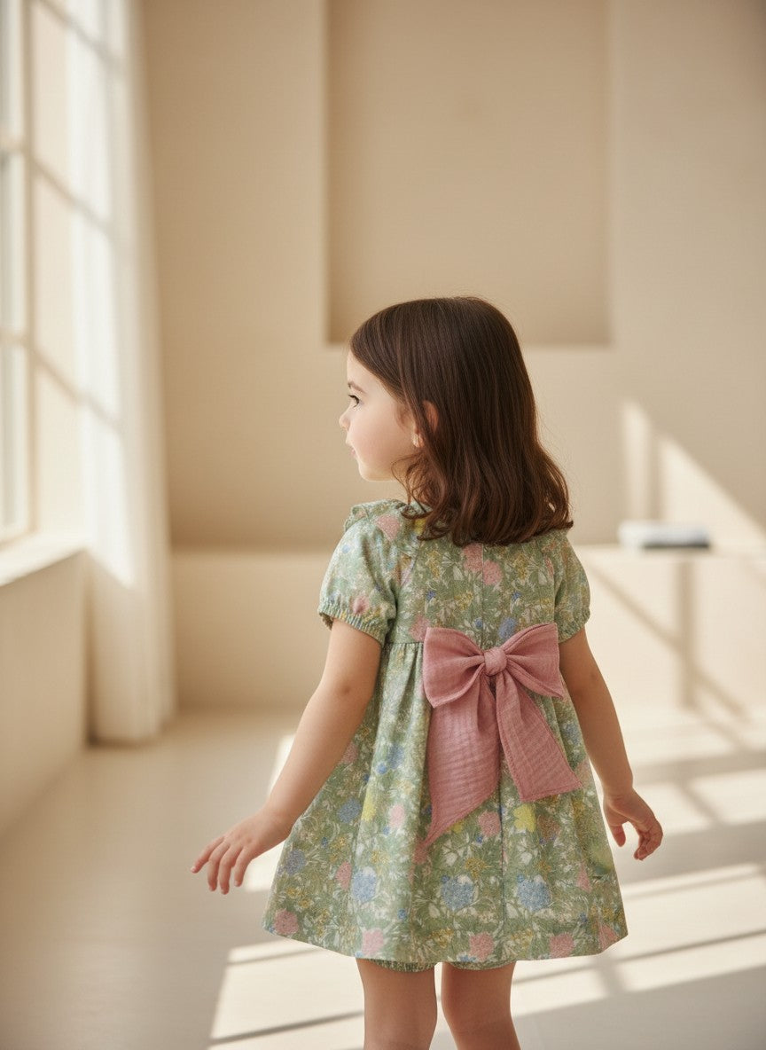 Vestido con braguita flores verdes y rosas "Wabi-Sabi"
