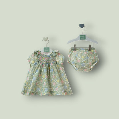 Vestido con braguita flores verdes y rosas "Wabi-Sabi"