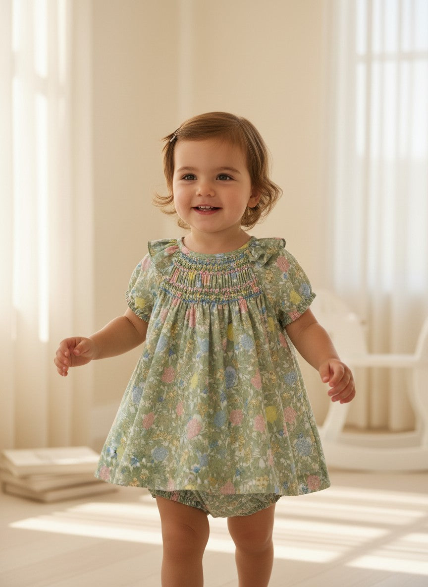 Vestido con braguita flores verdes y rosas "Wabi-Sabi"