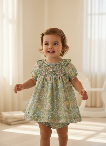 Vestido con braguita flores verdes y rosas "Wabi-Sabi"