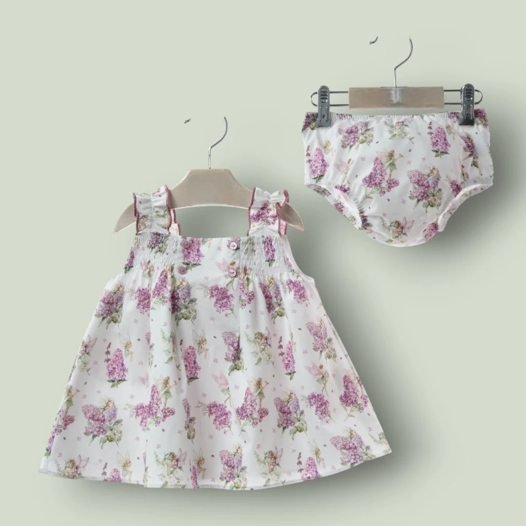 Vestido con braguita haditas y flores malvas "Artesania"