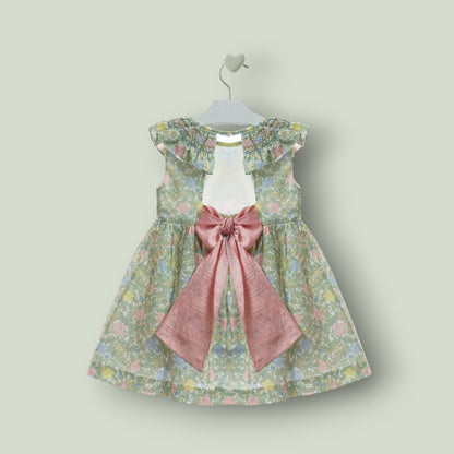Vestido flores verdes y rosas con lazo rosa "Wabi-Sabi"