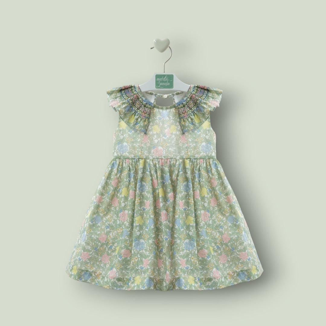 Vestido flores verdes y rosas con lazo rosa "Wabi-Sabi"
