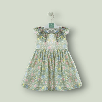 Vestido flores verdes y rosas con lazo rosa "Wabi-Sabi"