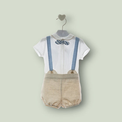Conjunto camisa blanca y bombacho beig con tirantes y pajarita rayas "Nagare"