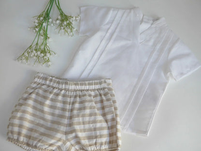 Conjunto camisa beig y bombacho de rayas - PARDALETS