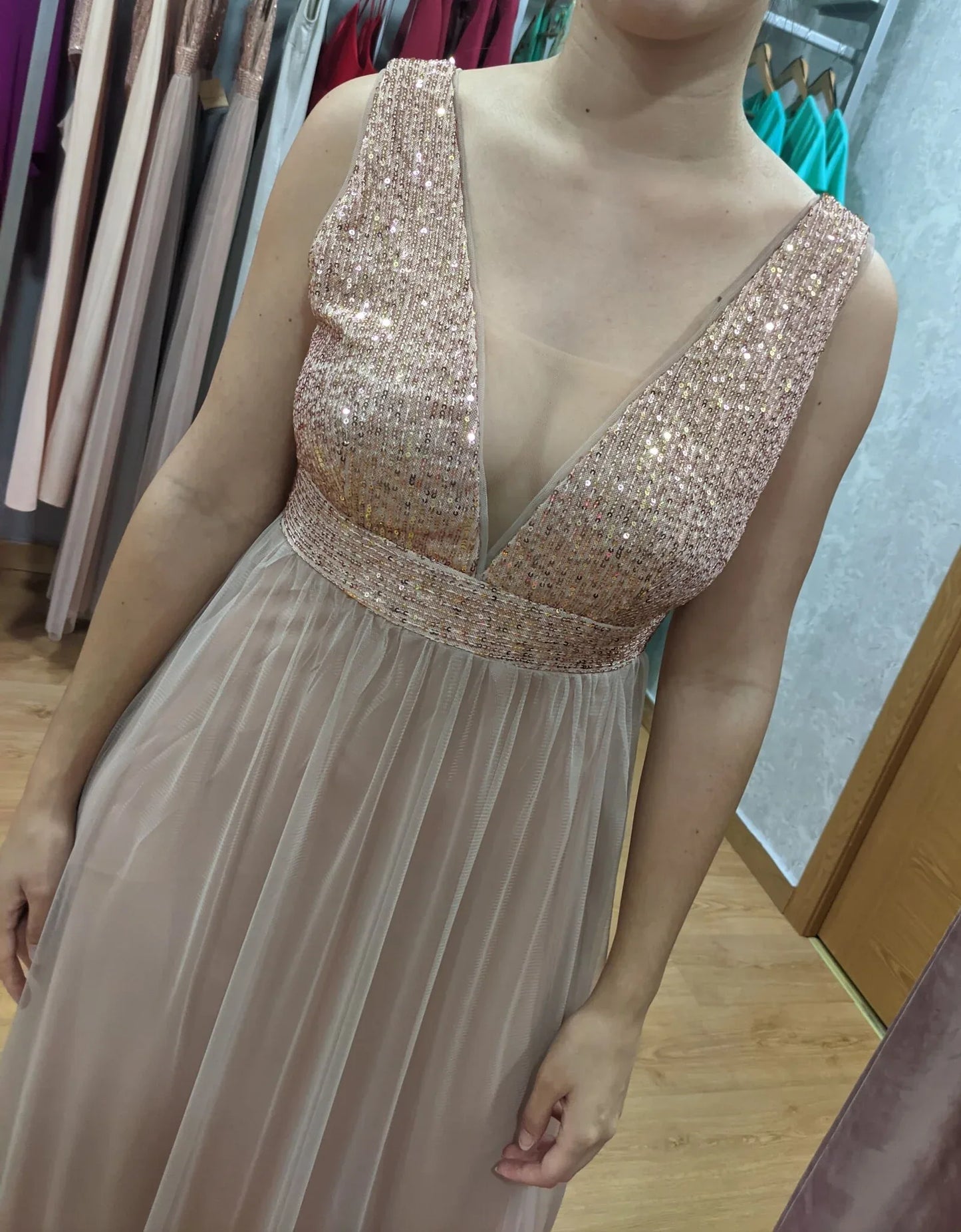 Vestido largo tul rosa nude - PARDALETS