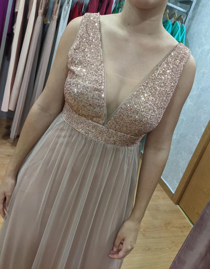 Vestido largo tul rosa nude - PARDALETS