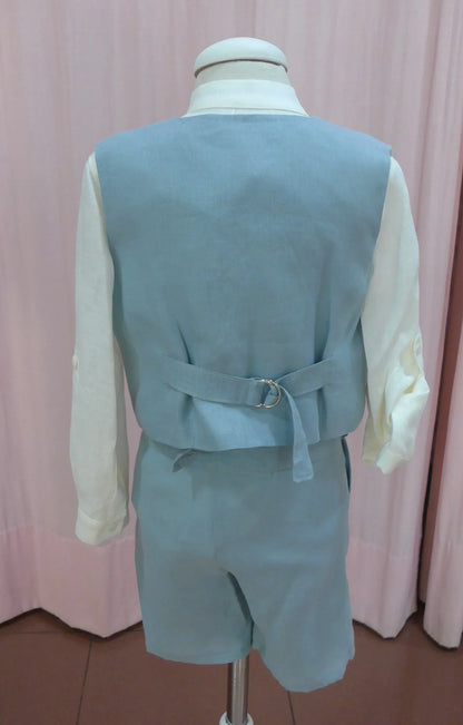 Conjunto camisa lino beig, short azul oceano con fajin y pajarita - PARDALETS