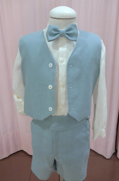 Conjunto camisa lino beig, short azul oceano con fajin y pajarita - PARDALETS