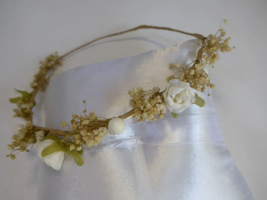 Corona flores blancas y paniculata beig - PARDALETS