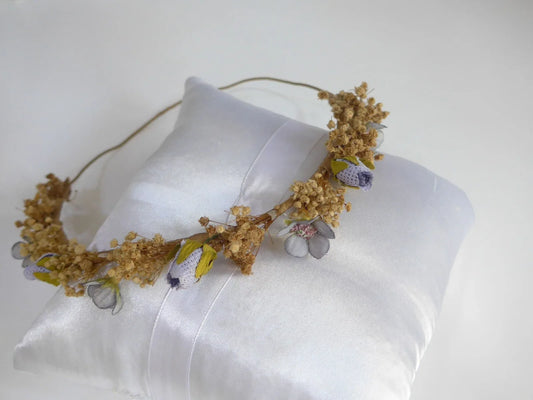 Corona de flores azules y malva con paniculata beig - PARDALETS