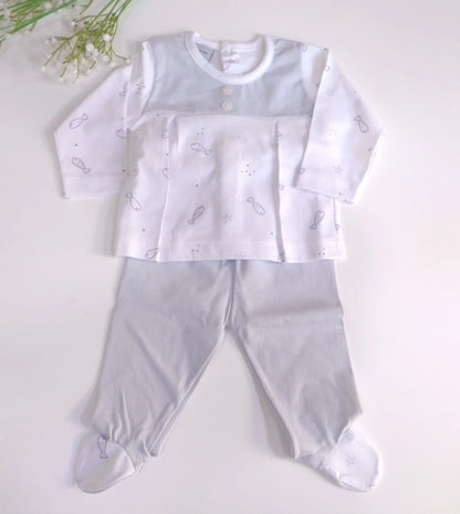 Jubon y polaina blanco estampado pececitos grises - PARDALETS