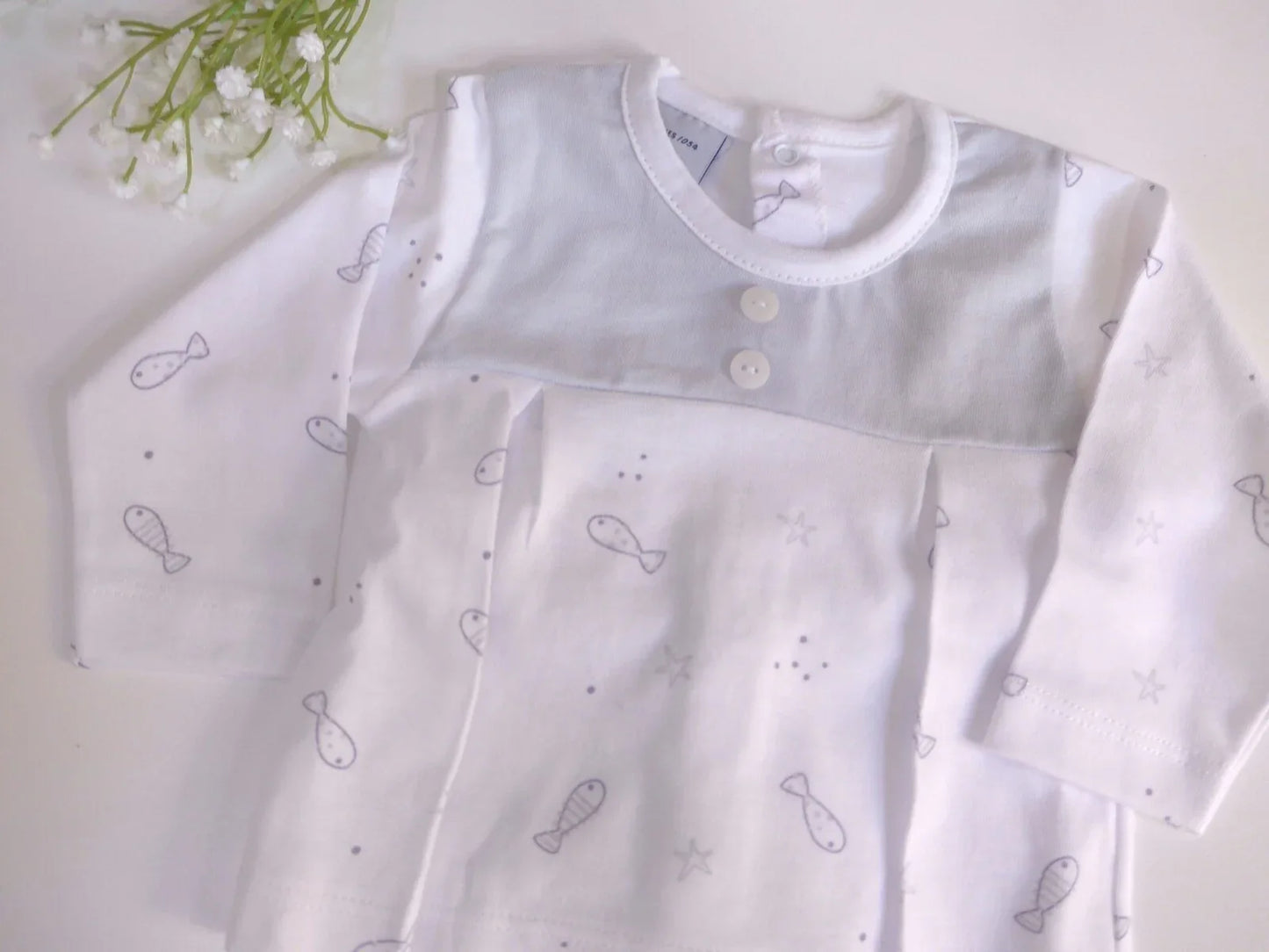 Jubon y polaina blanco estampado pececitos grises - PARDALETS