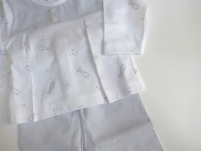 Jubon y polaina blanco estampado pececitos grises - PARDALETS