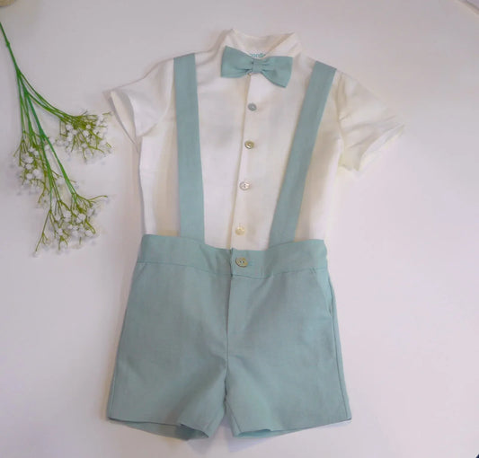 Conjunto camisa beig y short con tirantes verde - PARDALETS