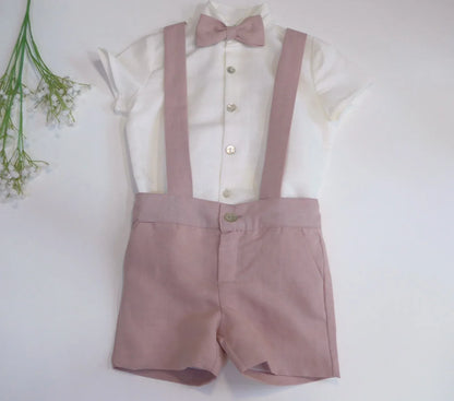 Conjunto camisa beig y short con tirantes rosa empolvado - PARDALETS