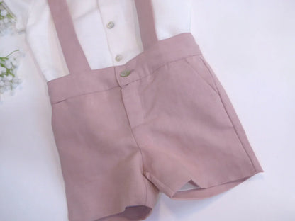 Conjunto camisa beig y short con tirantes rosa empolvado - PARDALETS
