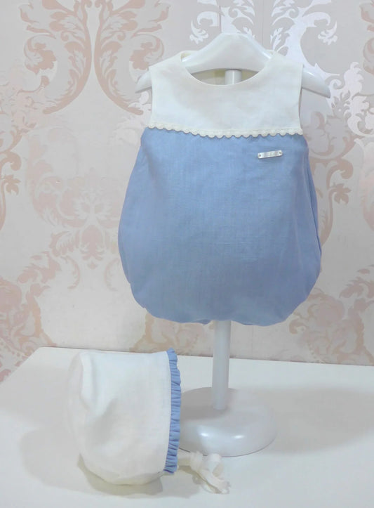 Pelele lino beig y celeste con capota - PARDALETS