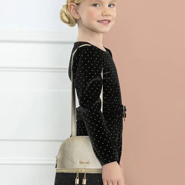 Mochila bolso acolchado negro lentejuelas y polipiel dorada - PARDALETS