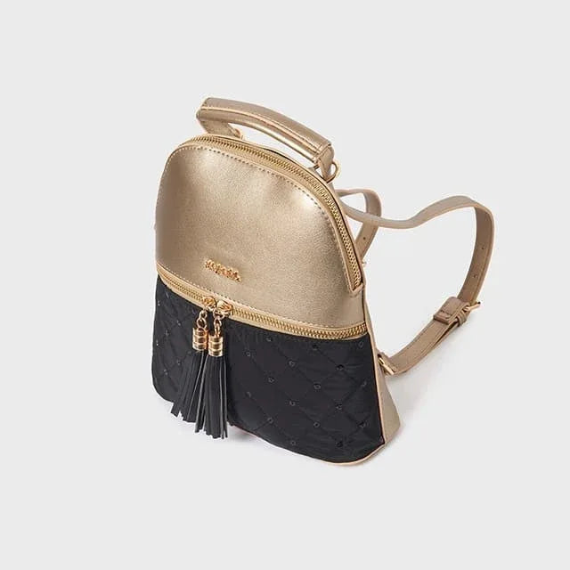 Mochila bolso acolchado negro lentejuelas y polipiel dorada - PARDALETS