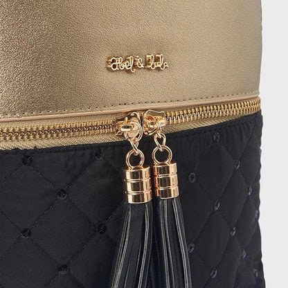 Mochila bolso acolchado negro lentejuelas y polipiel dorada - PARDALETS
