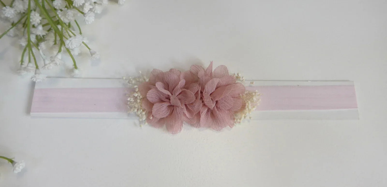 Diadema elastica 2 flores rosas empolvado - PARDALETS