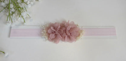 Diadema elastica 2 flores rosas empolvado - PARDALETS