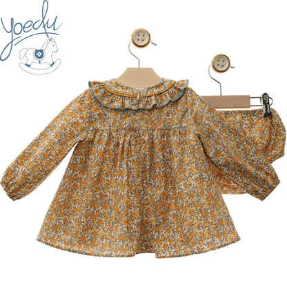 Vestido estampado flores turquesas y mostazas "Simba" - PARDALETS