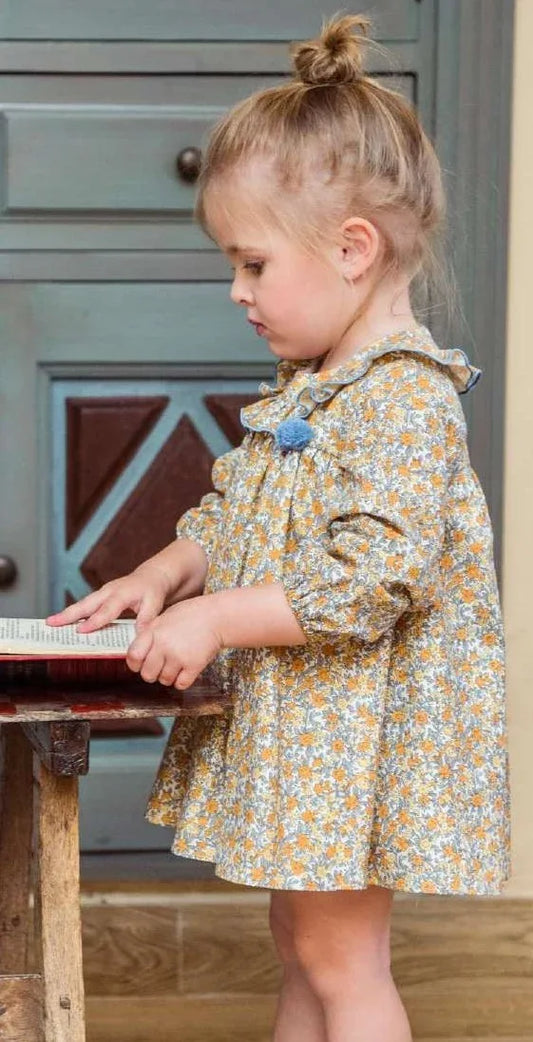 Vestido estampado flores turquesas y mostazas "Simba" - PARDALETS