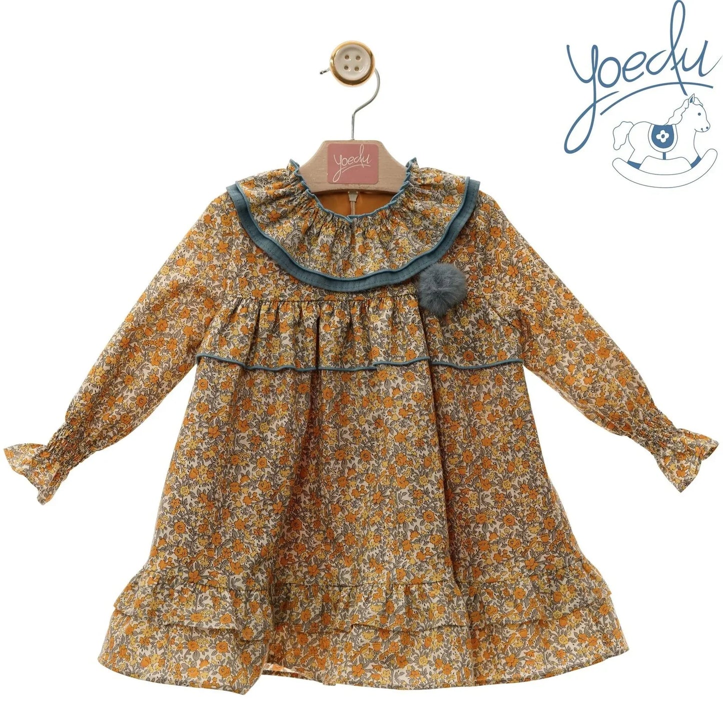 Vestido estampado flores turquesa y mostaza "Simba" - PARDALETS