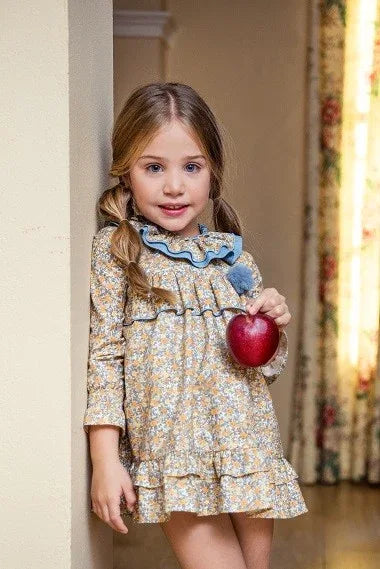 Vestido estampado flores turquesa y mostaza "Simba" - PARDALETS