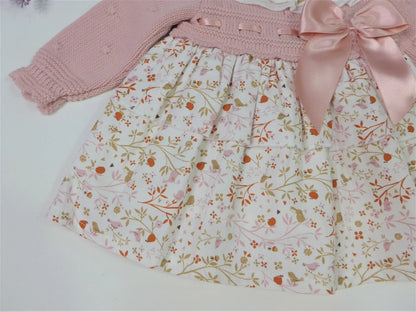 Vestido punto rosa empolvado y estampado pajaritos - PARDALETS