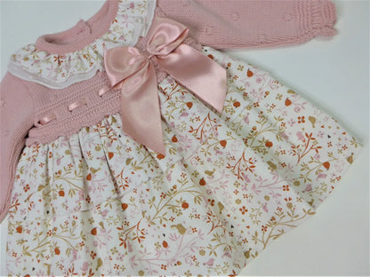 Vestido punto rosa empolvado y estampado pajaritos - PARDALETS
